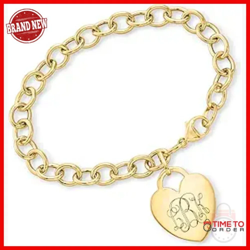 14kt Gold Heart Charm Bracelet, 7 Inch, Personalized Gift, Lobster Clasp